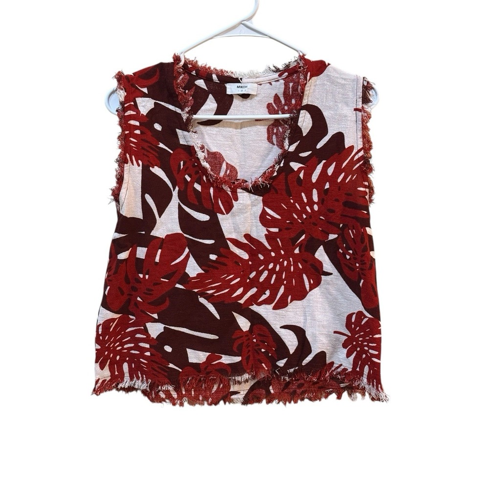 Mikoh Tropical Top Red Fringe 100% Cotton Linen Feel Size 2 US Medium Resort